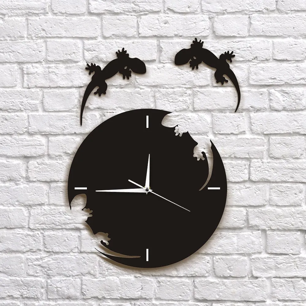 Abstract Wall Art Geckos Escape From The Clock Gecko Wall Clock Salamander Gecko Lizard Silhouette Reptile Designed Wall Clock