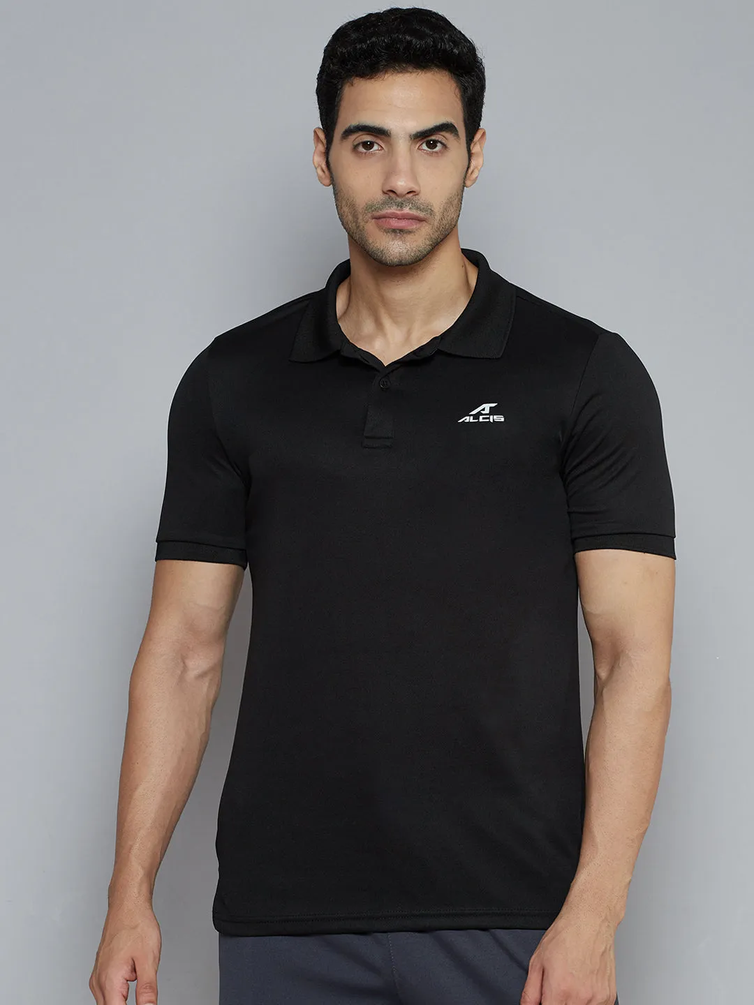 Alcis Men Black Solid Polo Collar Slim Fit Wonder T-shirt