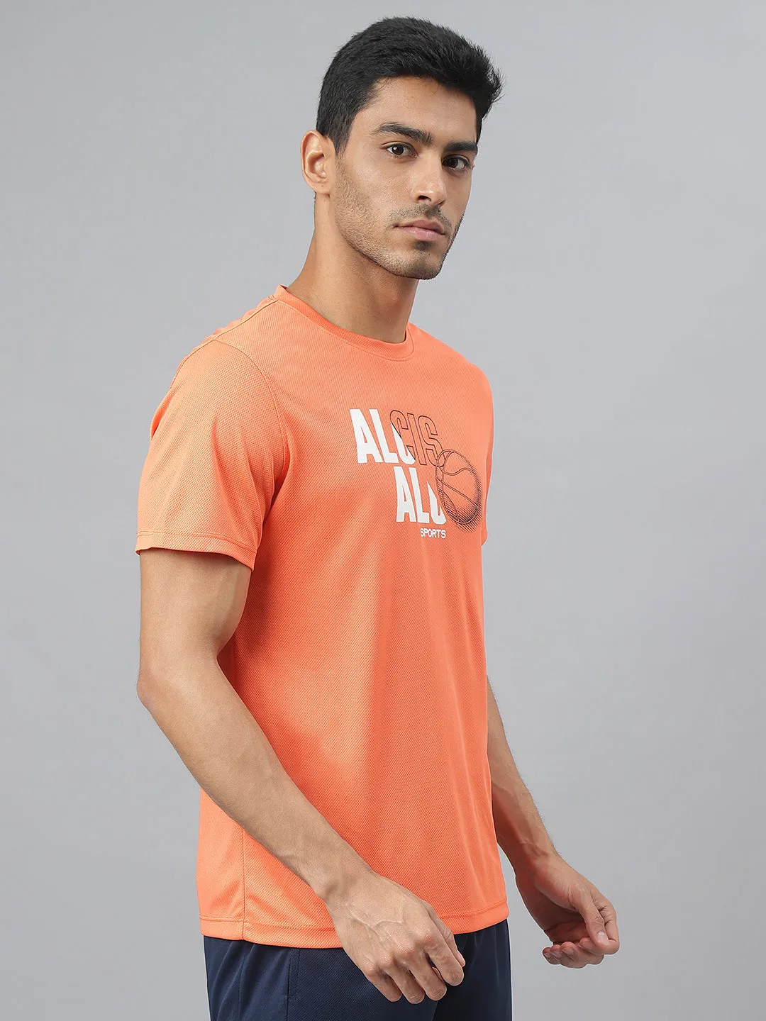 Alcis Men Printed Orange Anti-Static Slim-Fit Round Neck Training T-Shirt