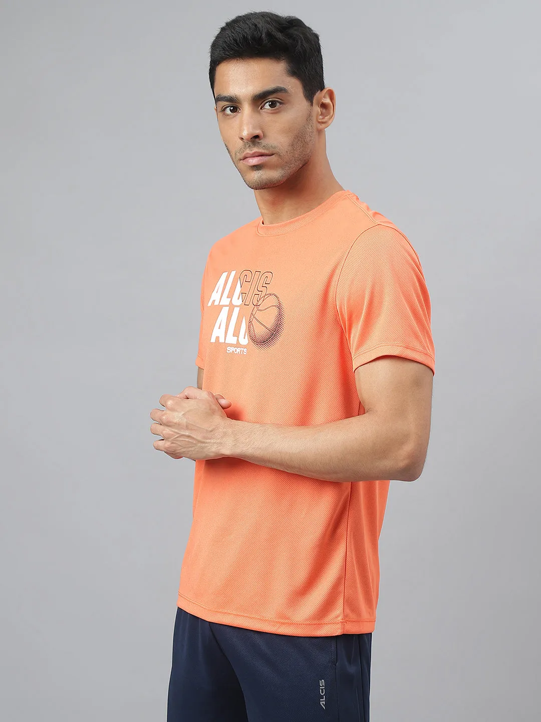 Alcis Men Printed Orange Anti-Static Slim-Fit Round Neck Training T-Shirt