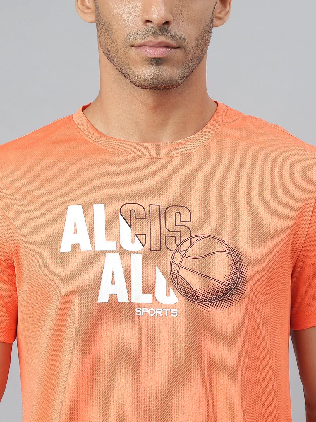 Alcis Men Printed Orange Anti-Static Slim-Fit Round Neck Training T-Shirt