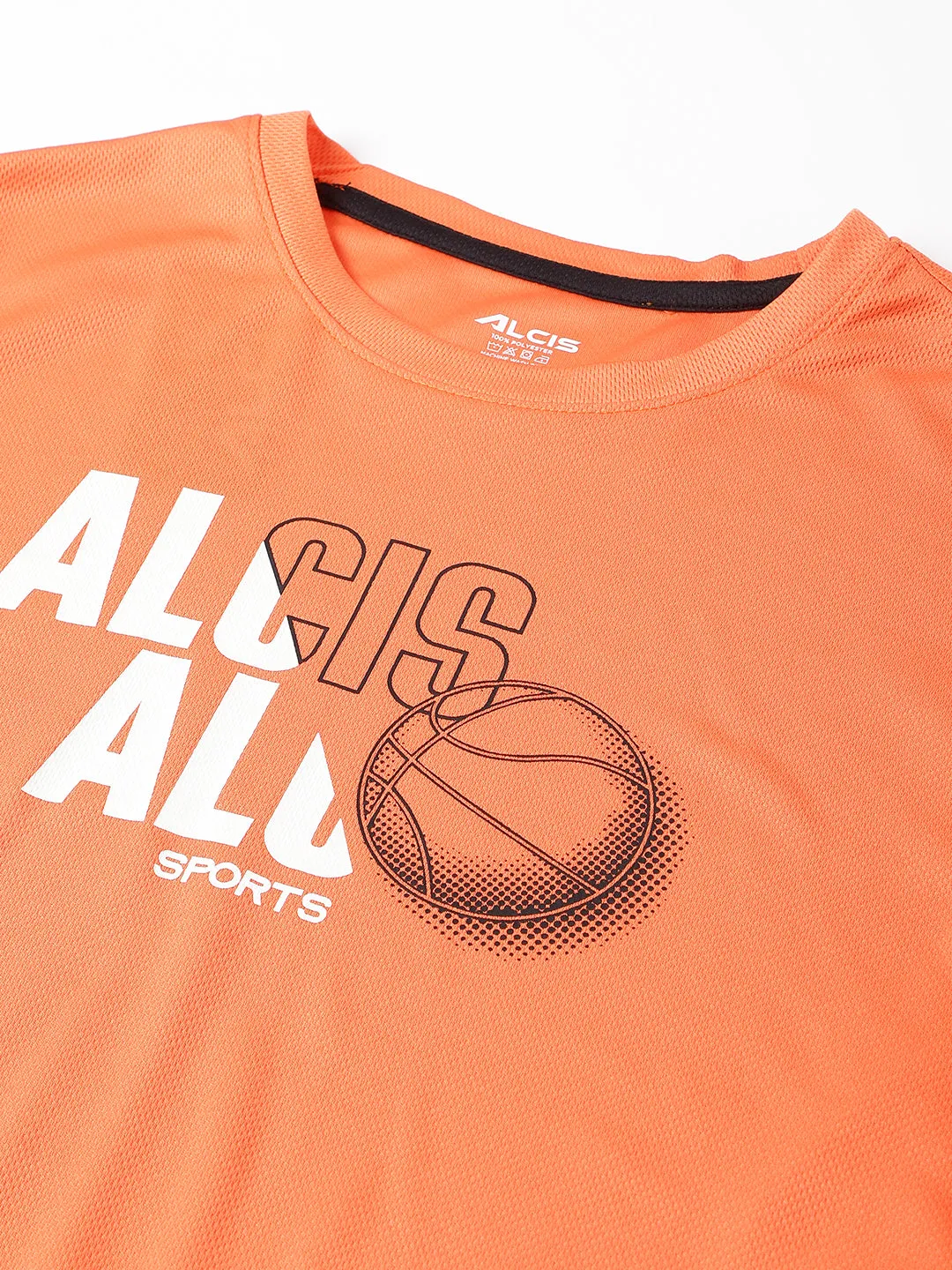 Alcis Men Printed Orange Anti-Static Slim-Fit Round Neck Training T-Shirt