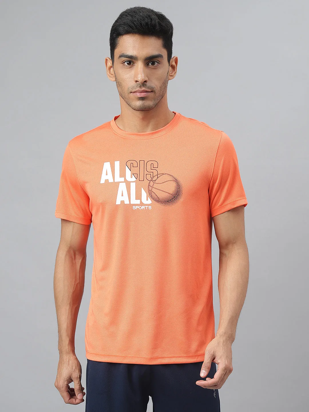 Alcis Men Printed Orange Anti-Static Slim-Fit Round Neck Training T-Shirt