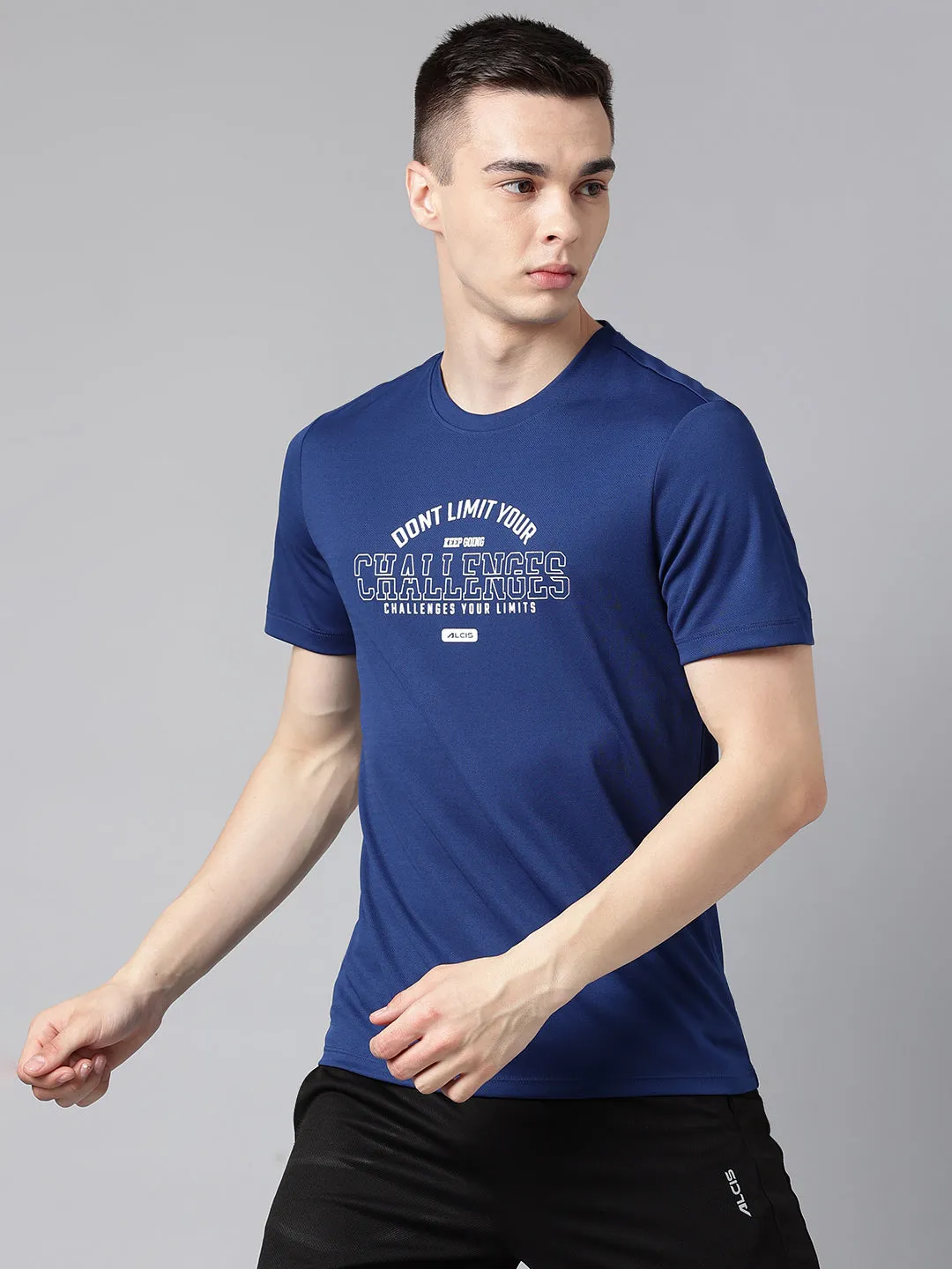 Alcis Men's Printed  Navy Anti-Static Drytech  Slim-Fit Training T-Shirt