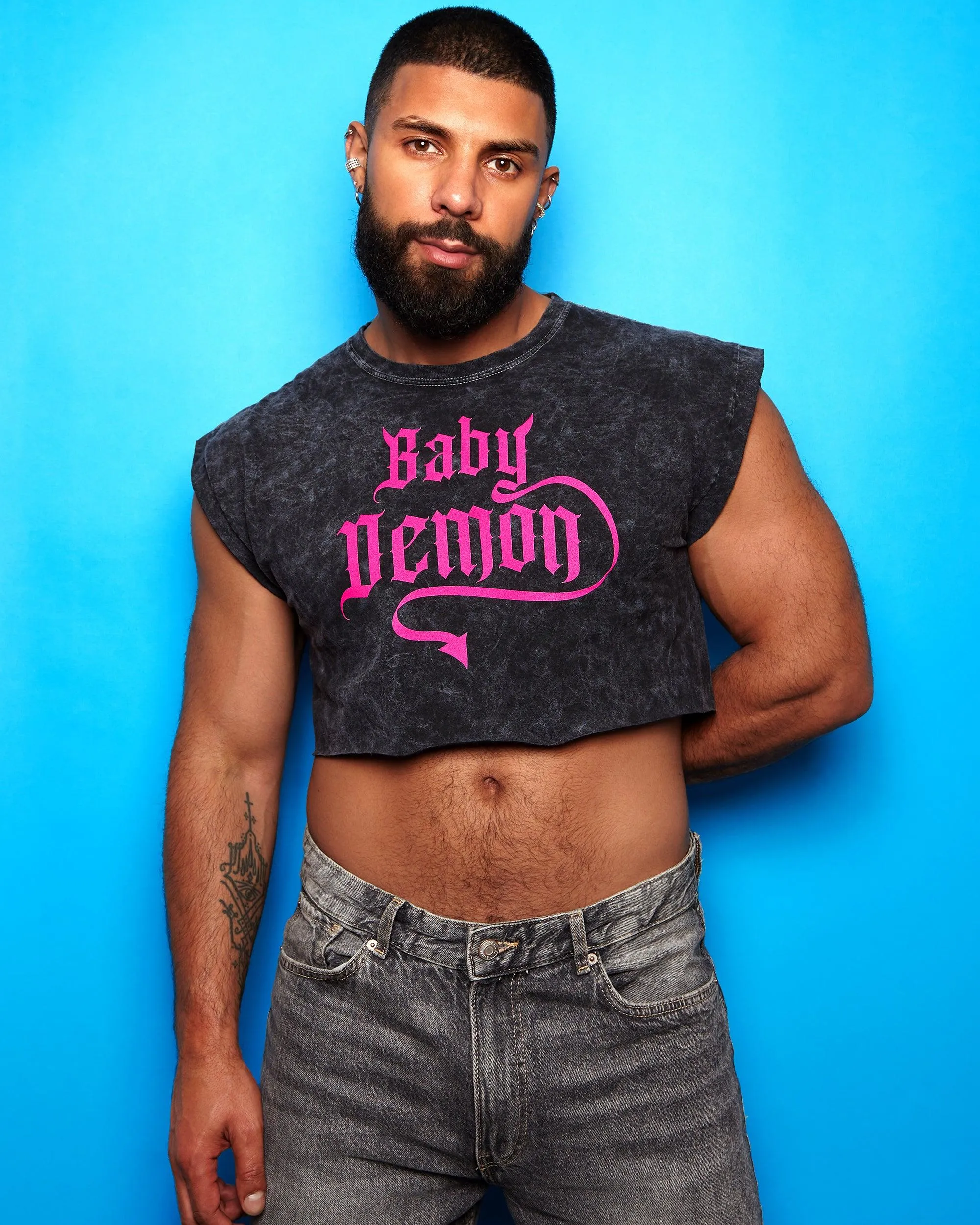 Baby demon - black flock on black acid wash crop top