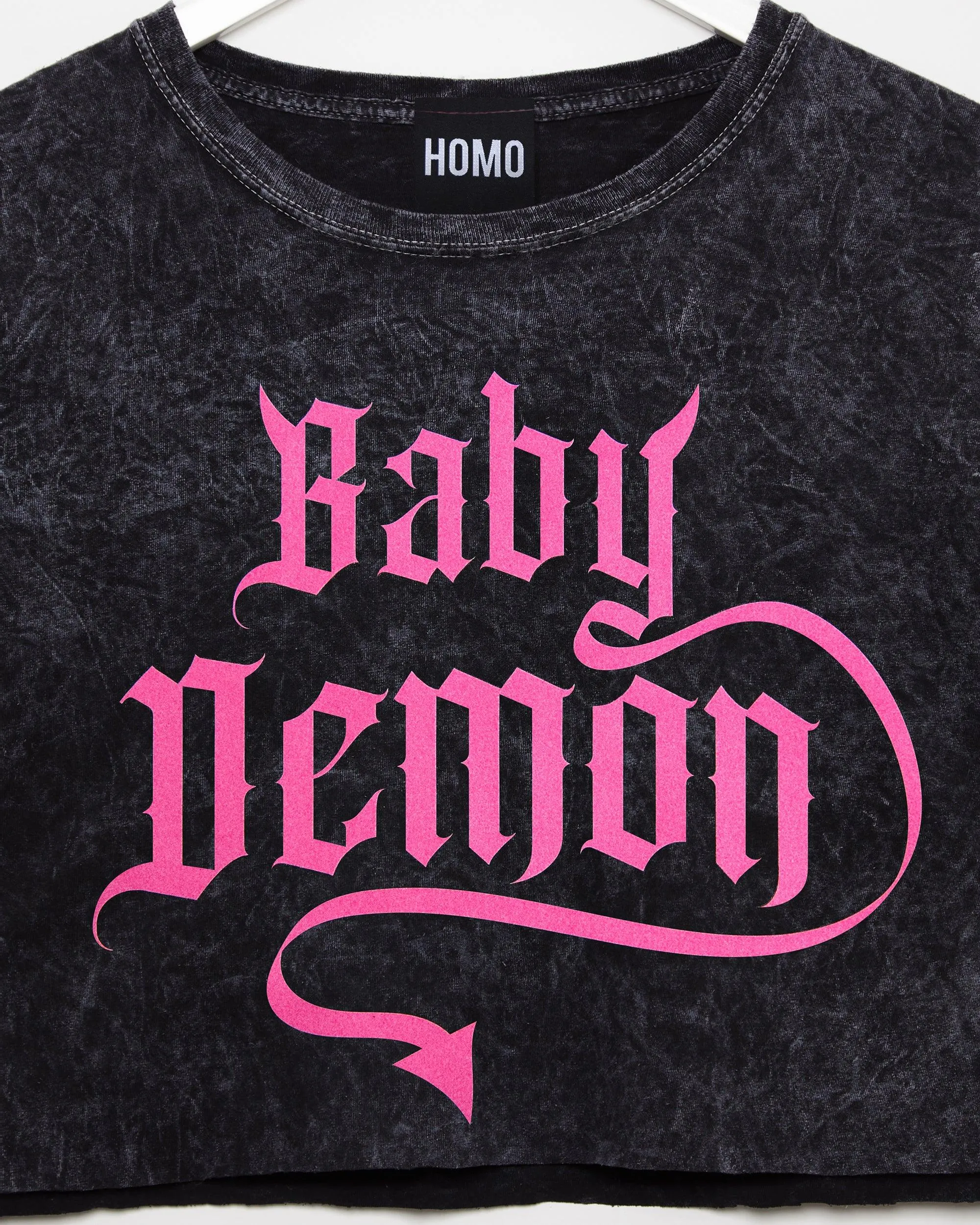 Baby demon - black flock on black acid wash crop top