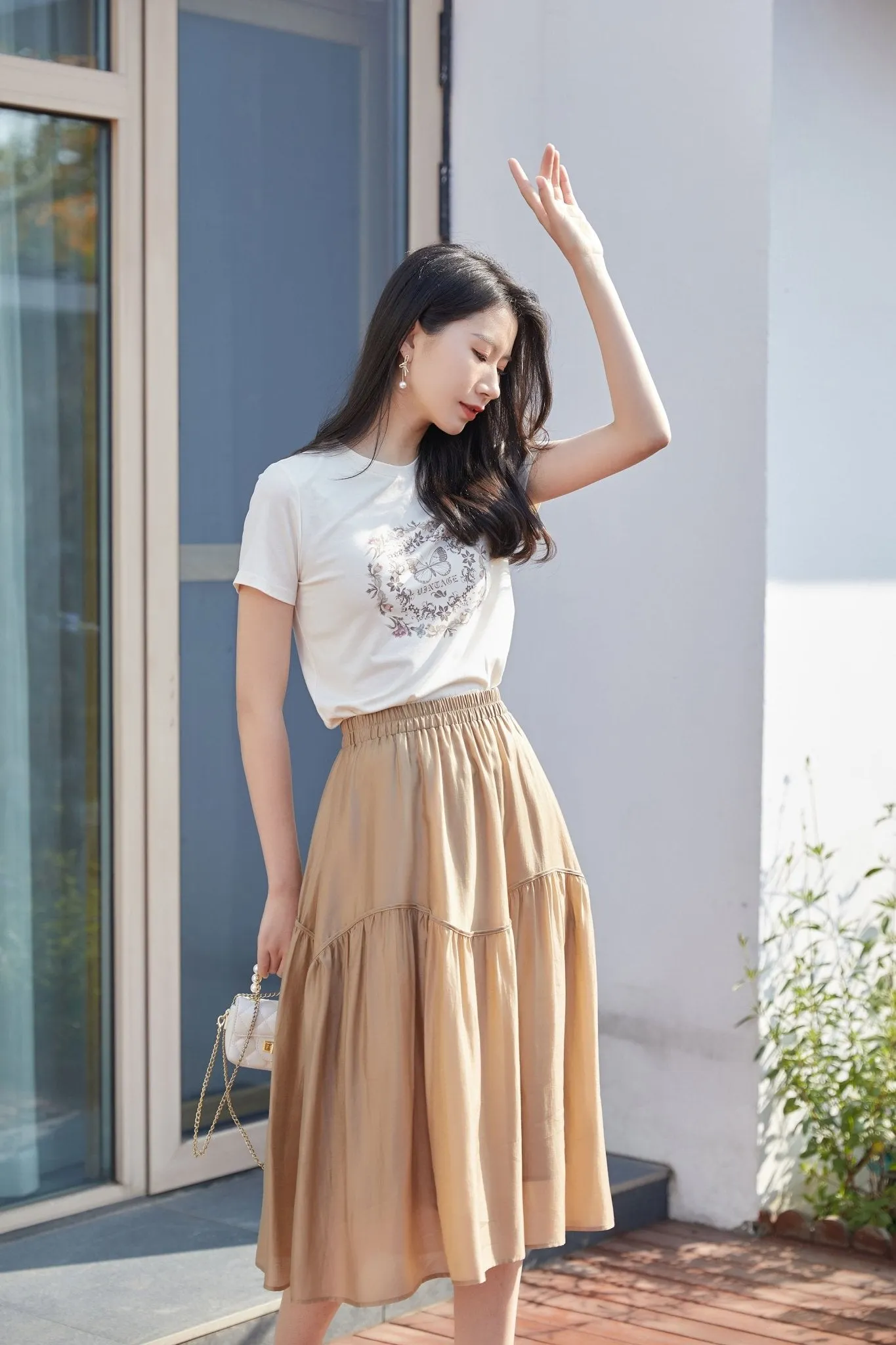 Beige T-shirt With Butterfly Floral Pattern