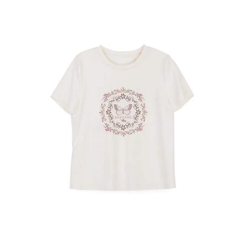 Beige T-shirt With Butterfly Floral Pattern