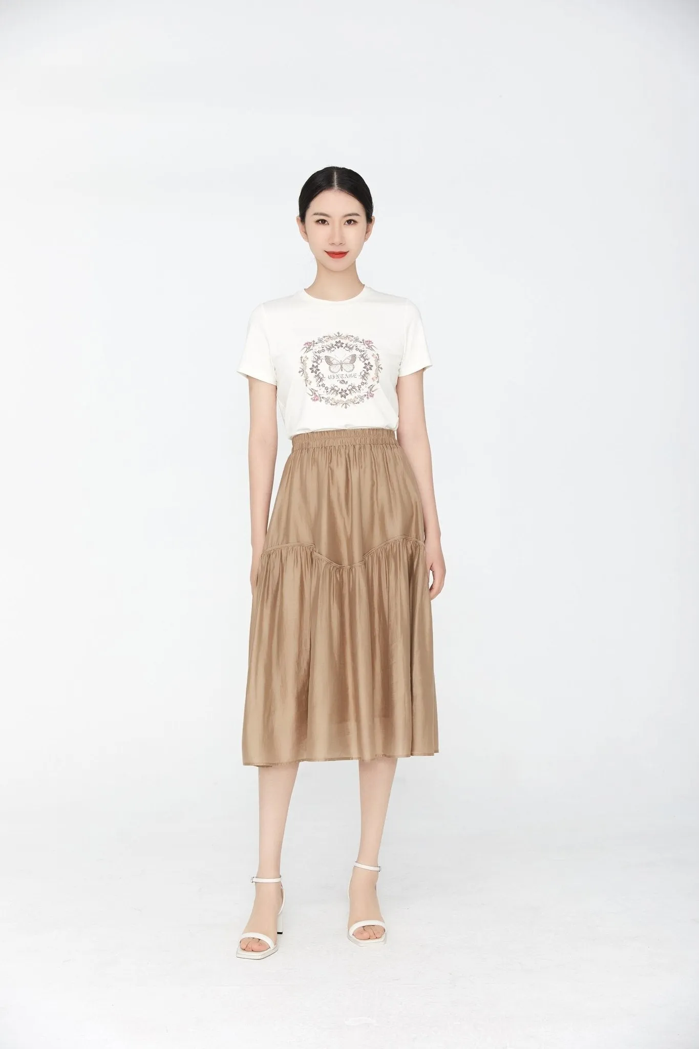 Beige T-shirt With Butterfly Floral Pattern