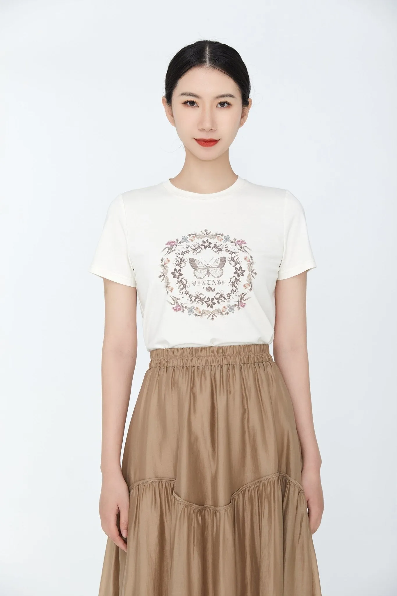 Beige T-shirt With Butterfly Floral Pattern