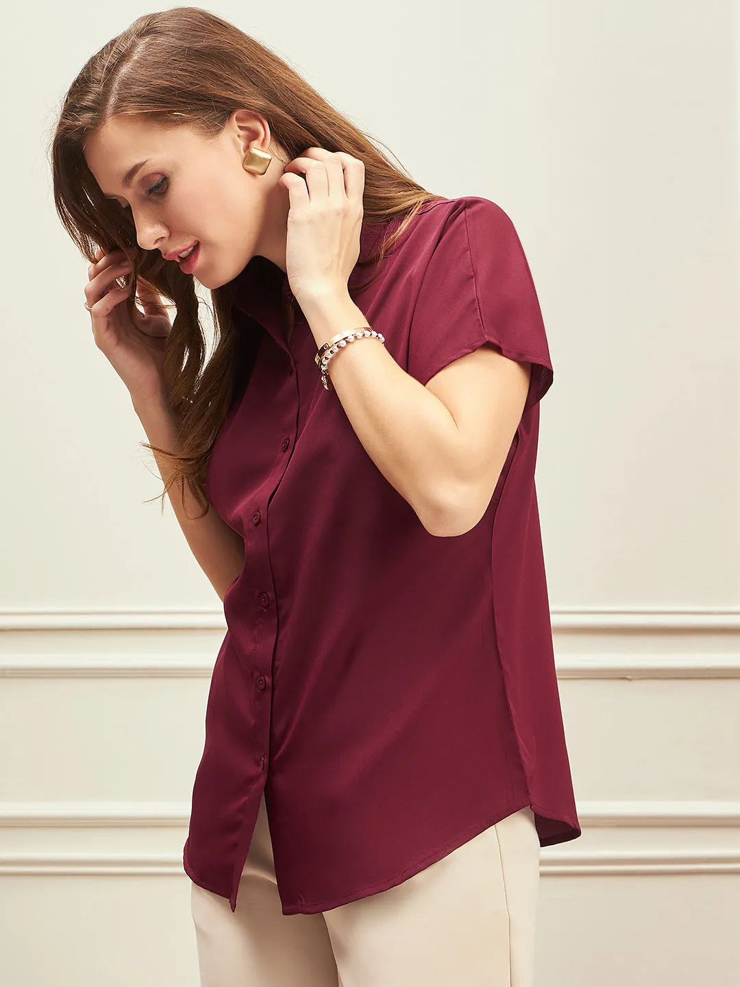 Berrylush BIZwear Women Solid Maroon Spread Collar Neck Batwing Sleeves Button-Up Curved Hem Regular Shirt