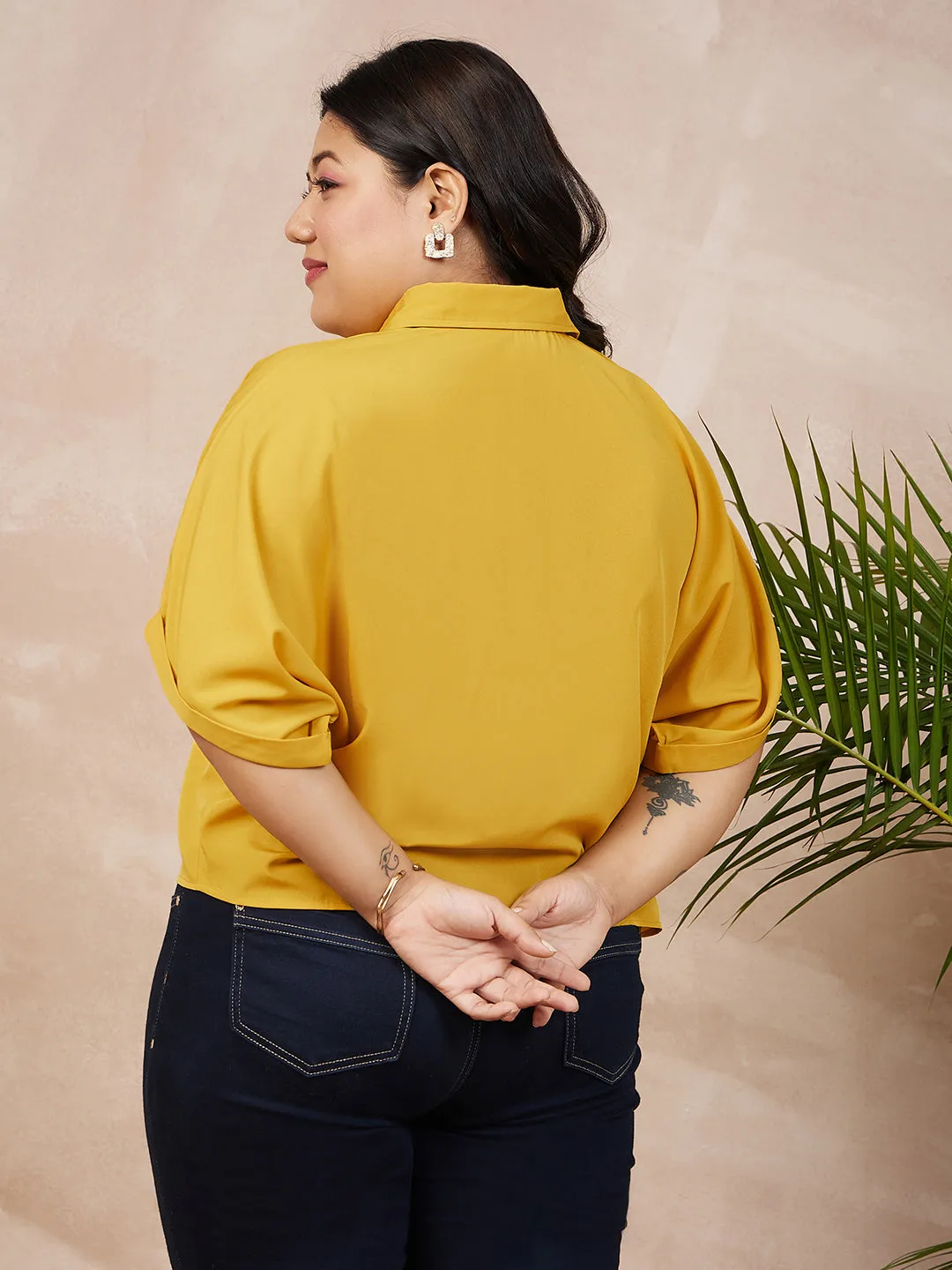 Berrylush Women Plus Size Solid Yellow Spread Collar Neck Batwing Sleeve Polyester Curved Hem Regular Shirt