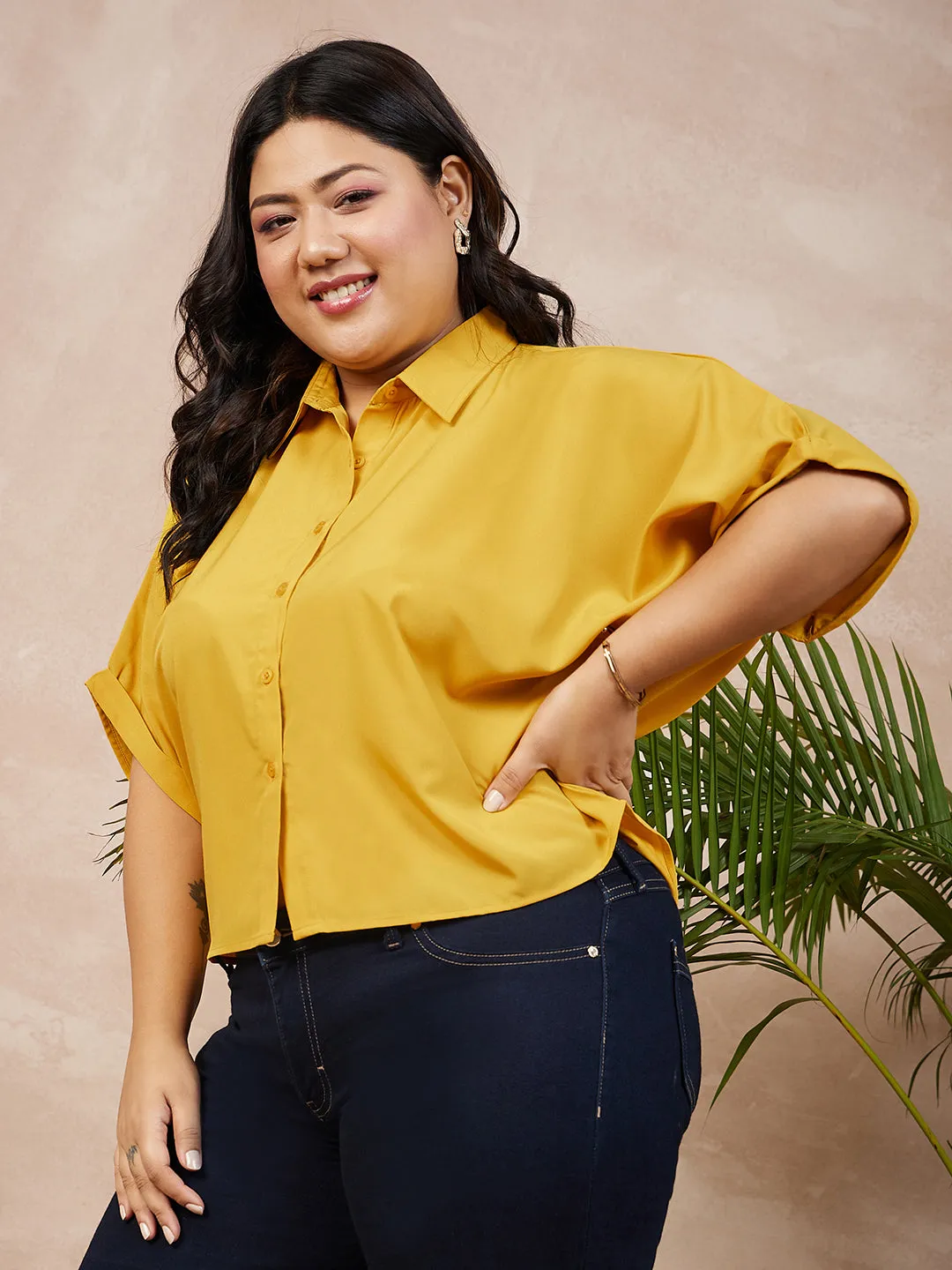 Berrylush Women Plus Size Solid Yellow Spread Collar Neck Batwing Sleeve Polyester Curved Hem Regular Shirt