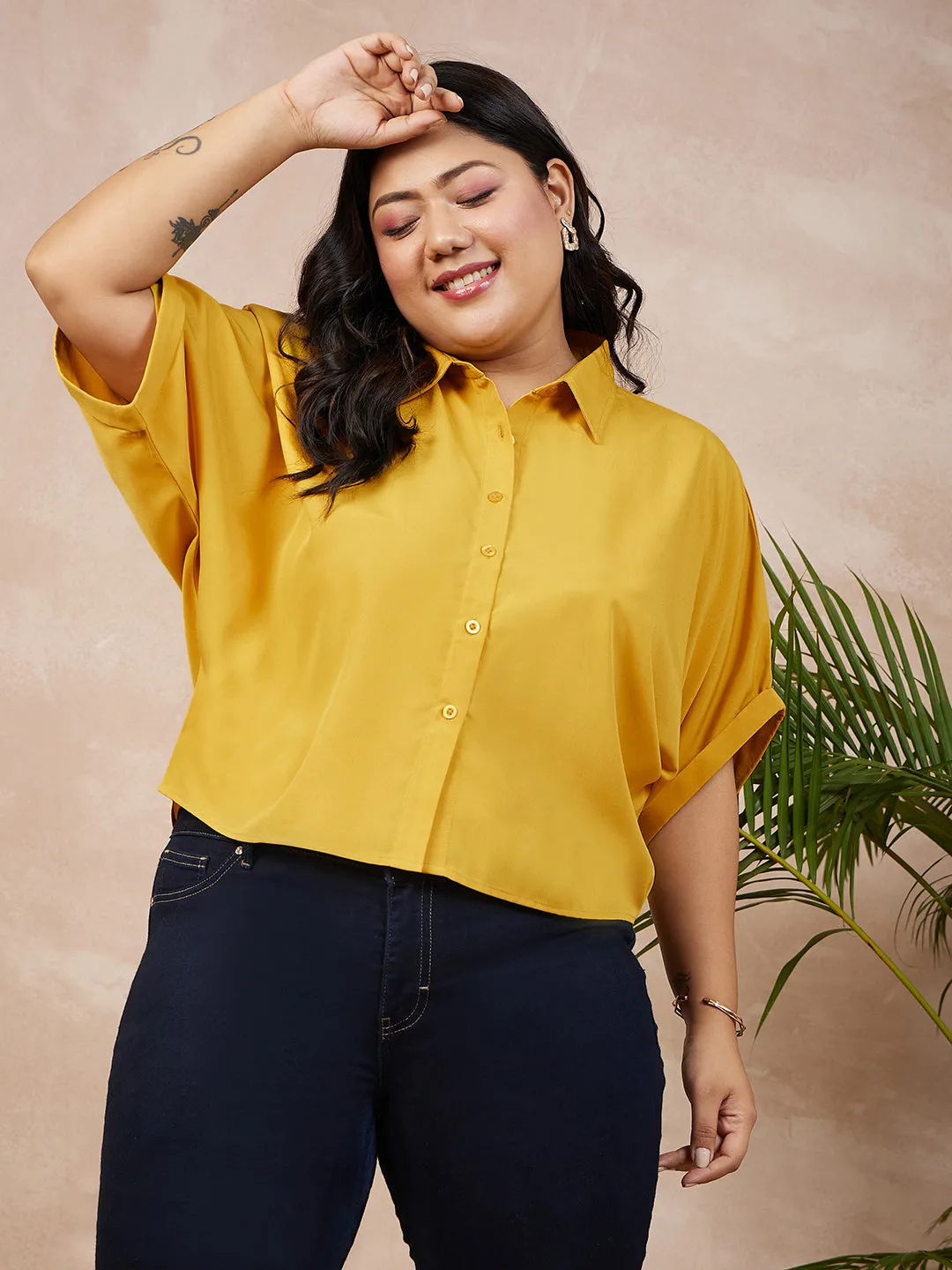 Berrylush Women Plus Size Solid Yellow Spread Collar Neck Batwing Sleeve Polyester Curved Hem Regular Shirt