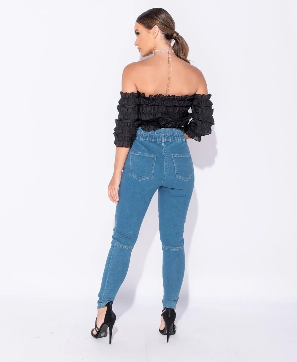 Black Bardot Frill Detail Crop Top