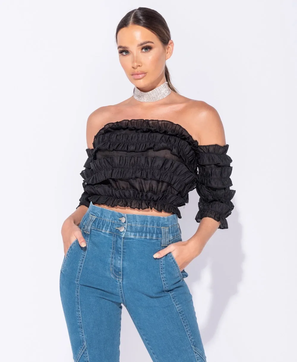 Black Bardot Frill Detail Crop Top