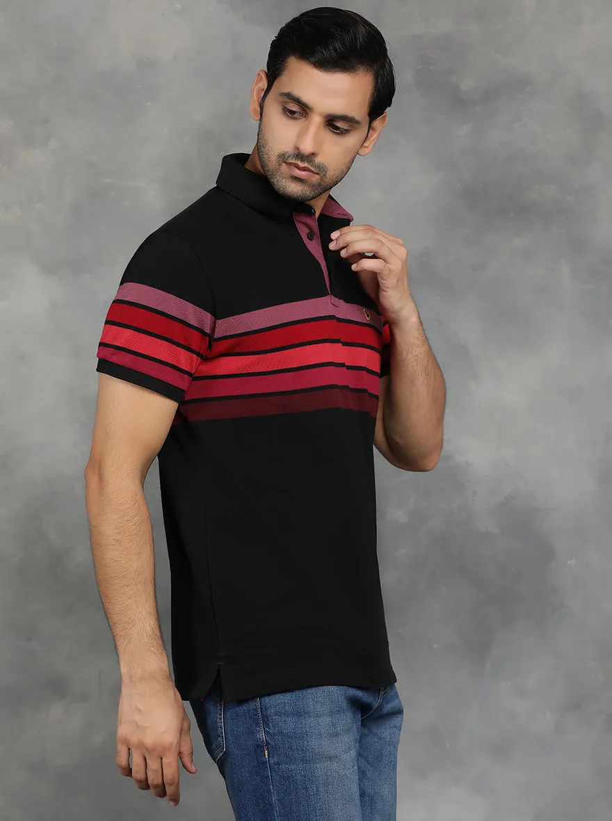 Black Striped Slim Fit Polo T-Shirt | JadeBlue