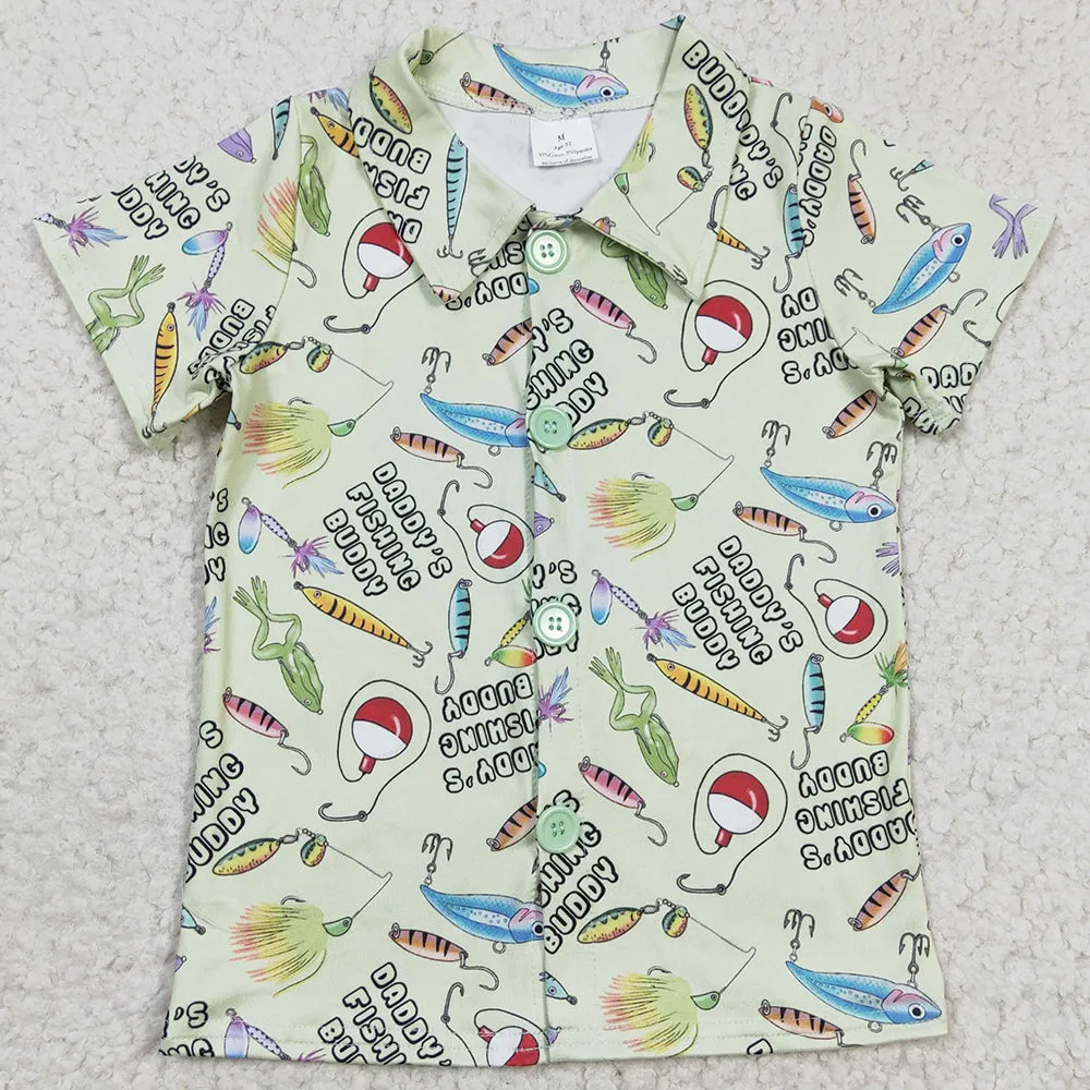 Boutique Boys T-shirt Button Design Fish Print Cute Boys Clothes Top BT0125