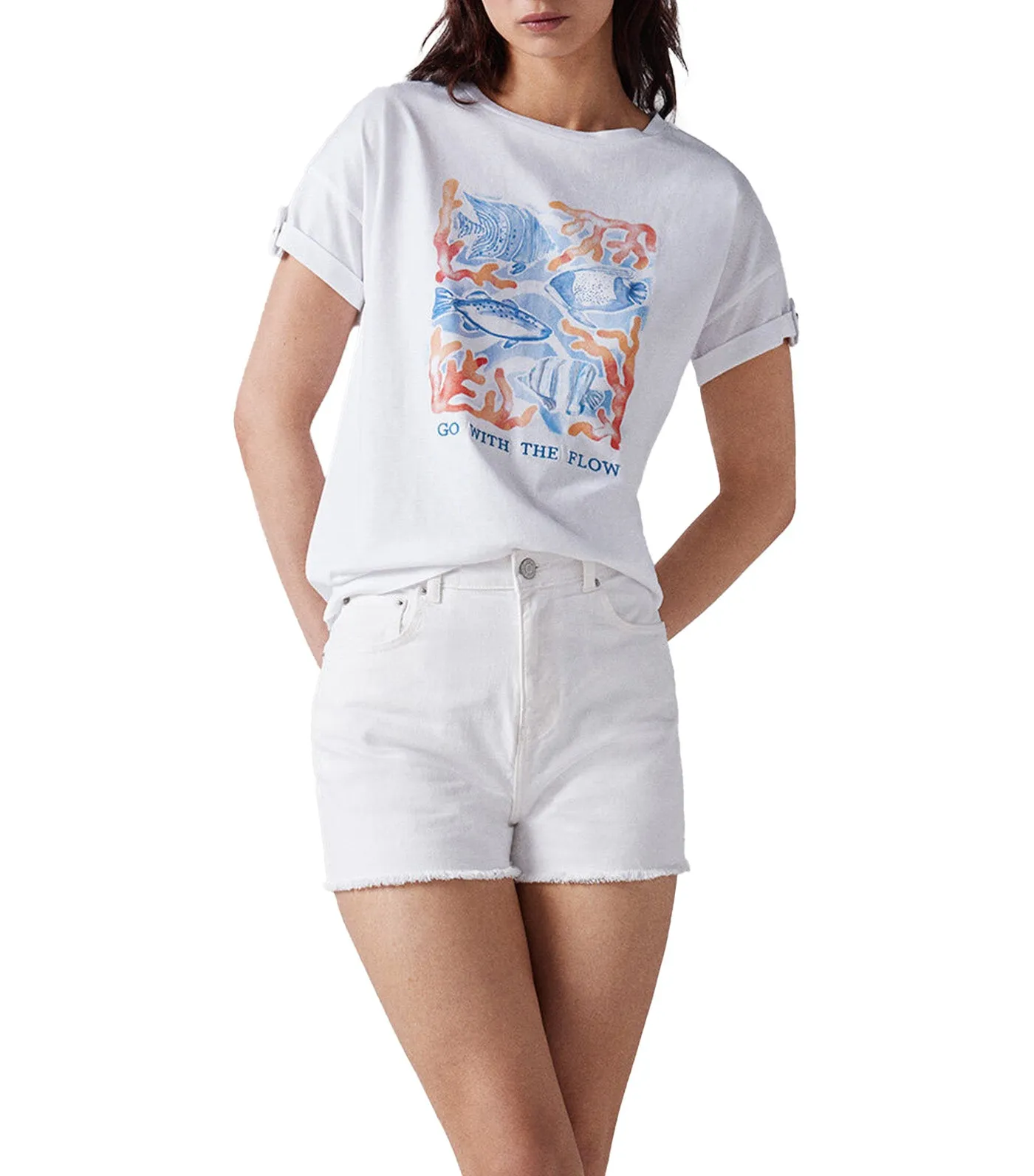 Button Up Sleeve Graphic T-Shirt White