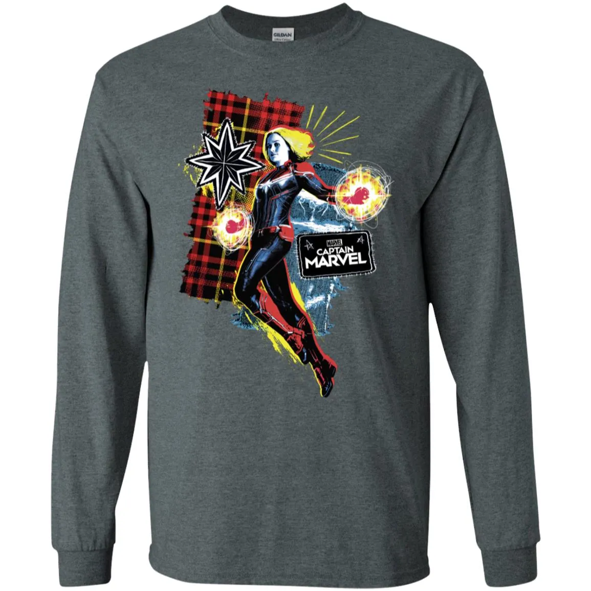 Captain Marvel Plaid Jean Patched Portrait Men Long Sleeve Shirt