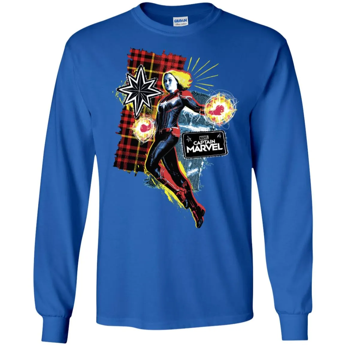 Captain Marvel Plaid Jean Patched Portrait Men Long Sleeve Shirt