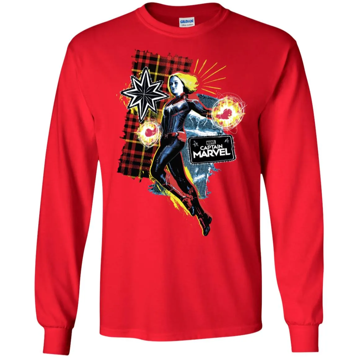 Captain Marvel Plaid Jean Patched Portrait Men Long Sleeve Shirt