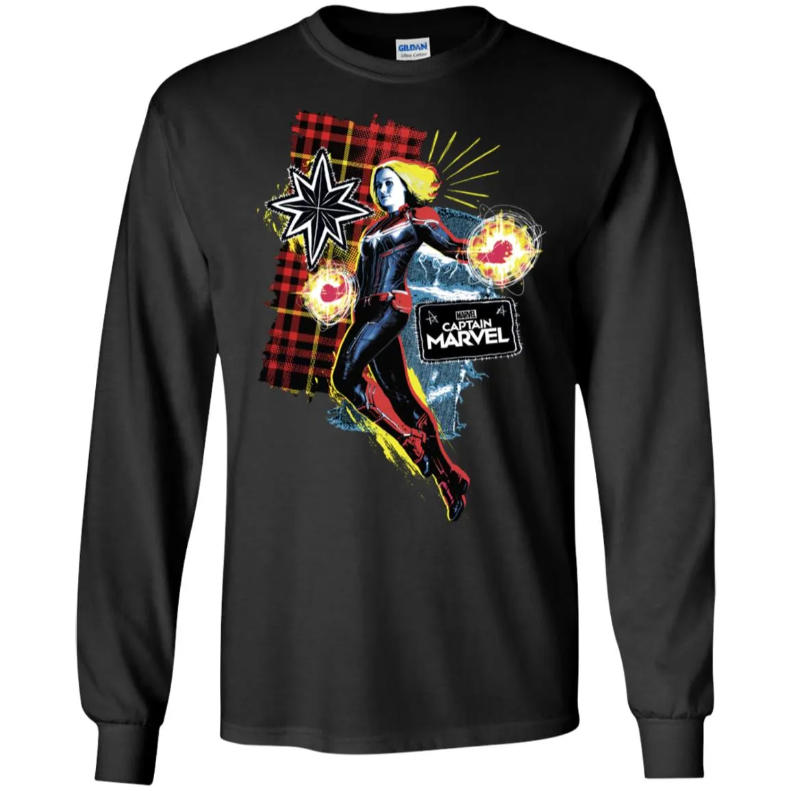 Captain Marvel Plaid Jean Patched Portrait Men Long Sleeve Shirt