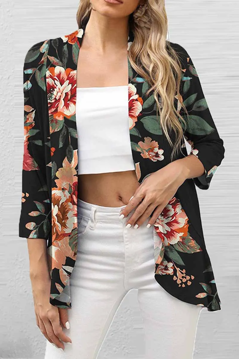 Casual Print Patchwork Cardigan Collar Tops