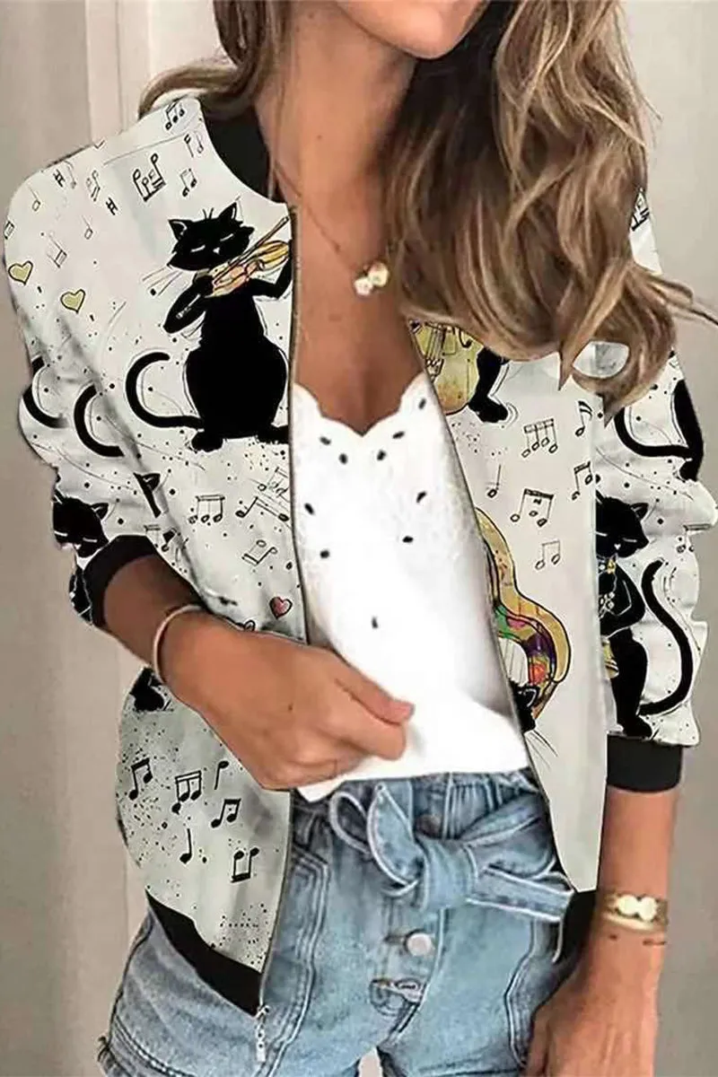 Casual Print Patchwork O Neck Outerwear