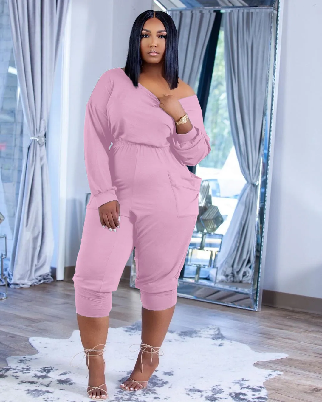 Casual slanted shoulder feet solid jumpsuit（AY1445）