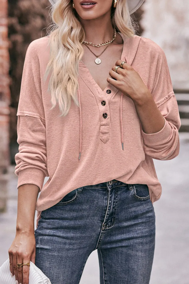 Casual Solid Buttons Hooded Collar Tops