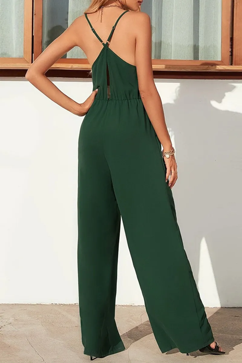 Casual Solid Patchwork Spaghetti Strap Straight Jumpsuits