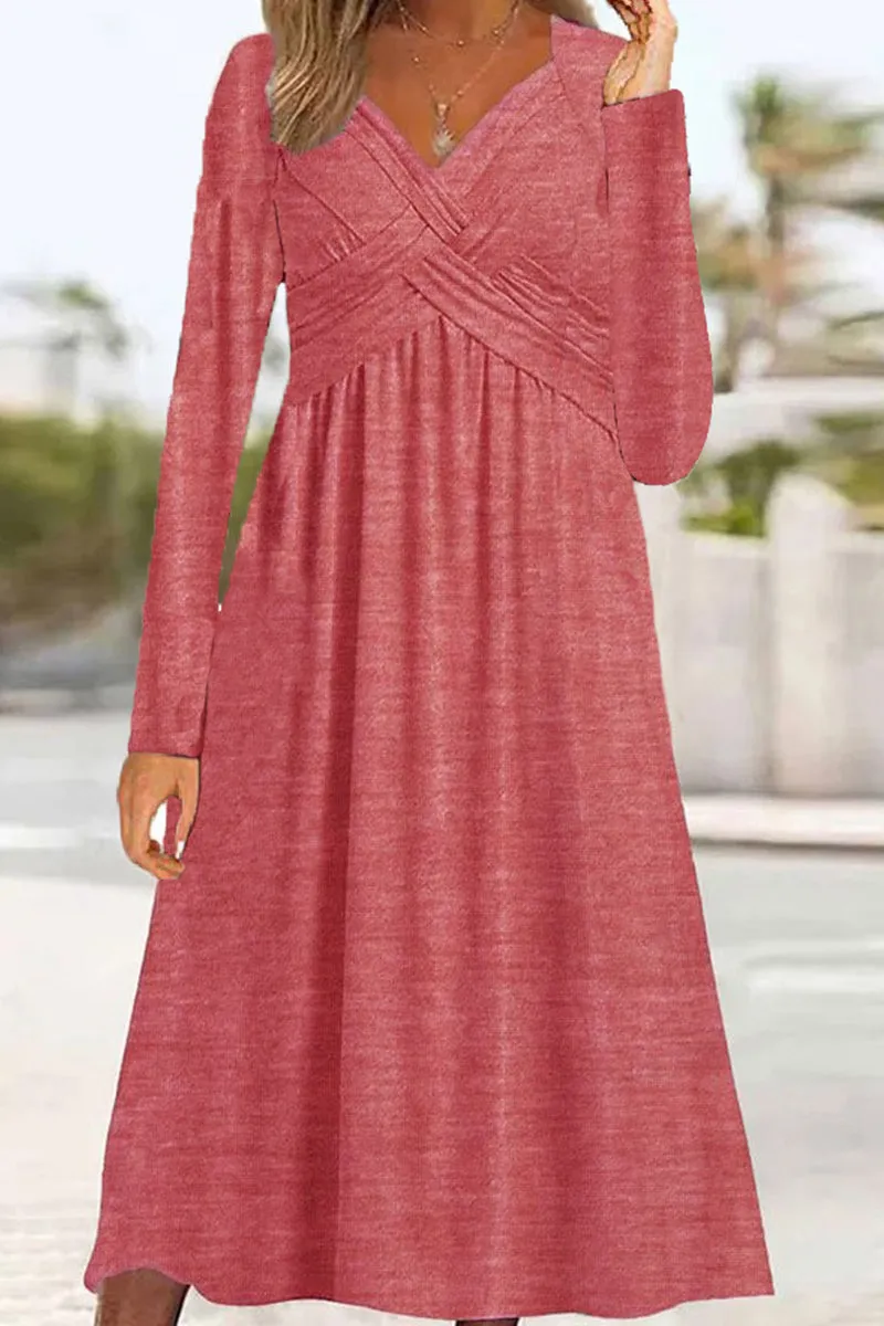 Casual Solid Patchwork V Neck Long Sleeve Dresses