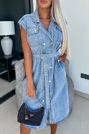 Casual Solid Patchwork With Belt Turndown Collar Sleeveless Regular Denim Dresses