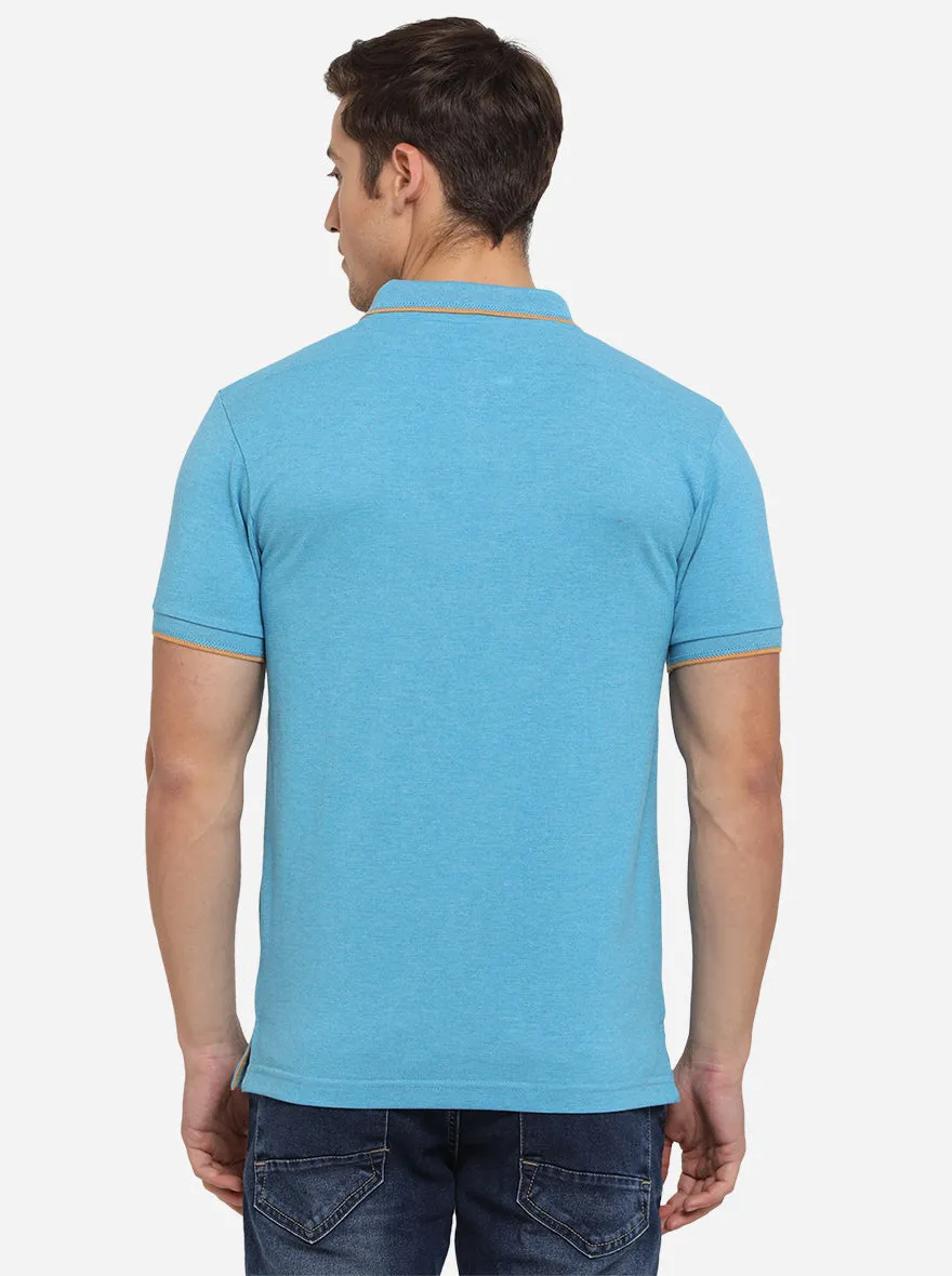 Cyan Blue Solid Slim Fit Polo T-Shirt | Greenfibre