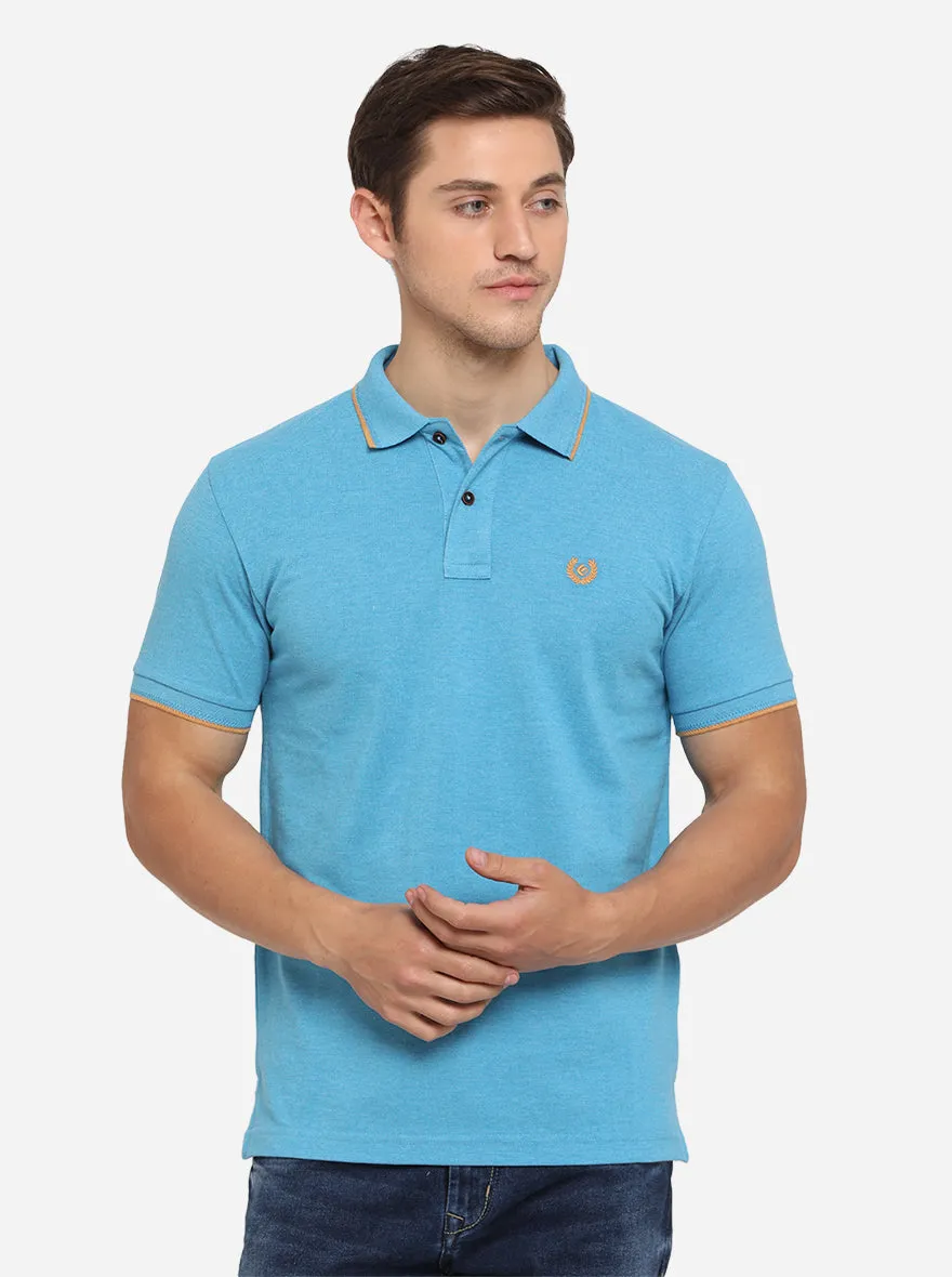 Cyan Blue Solid Slim Fit Polo T-Shirt | Greenfibre