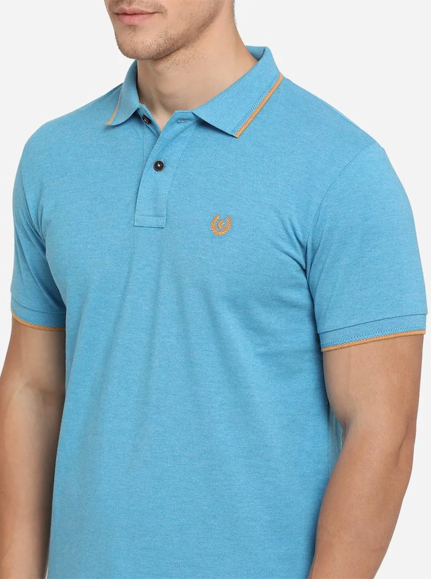 Cyan Blue Solid Slim Fit Polo T-Shirt | Greenfibre