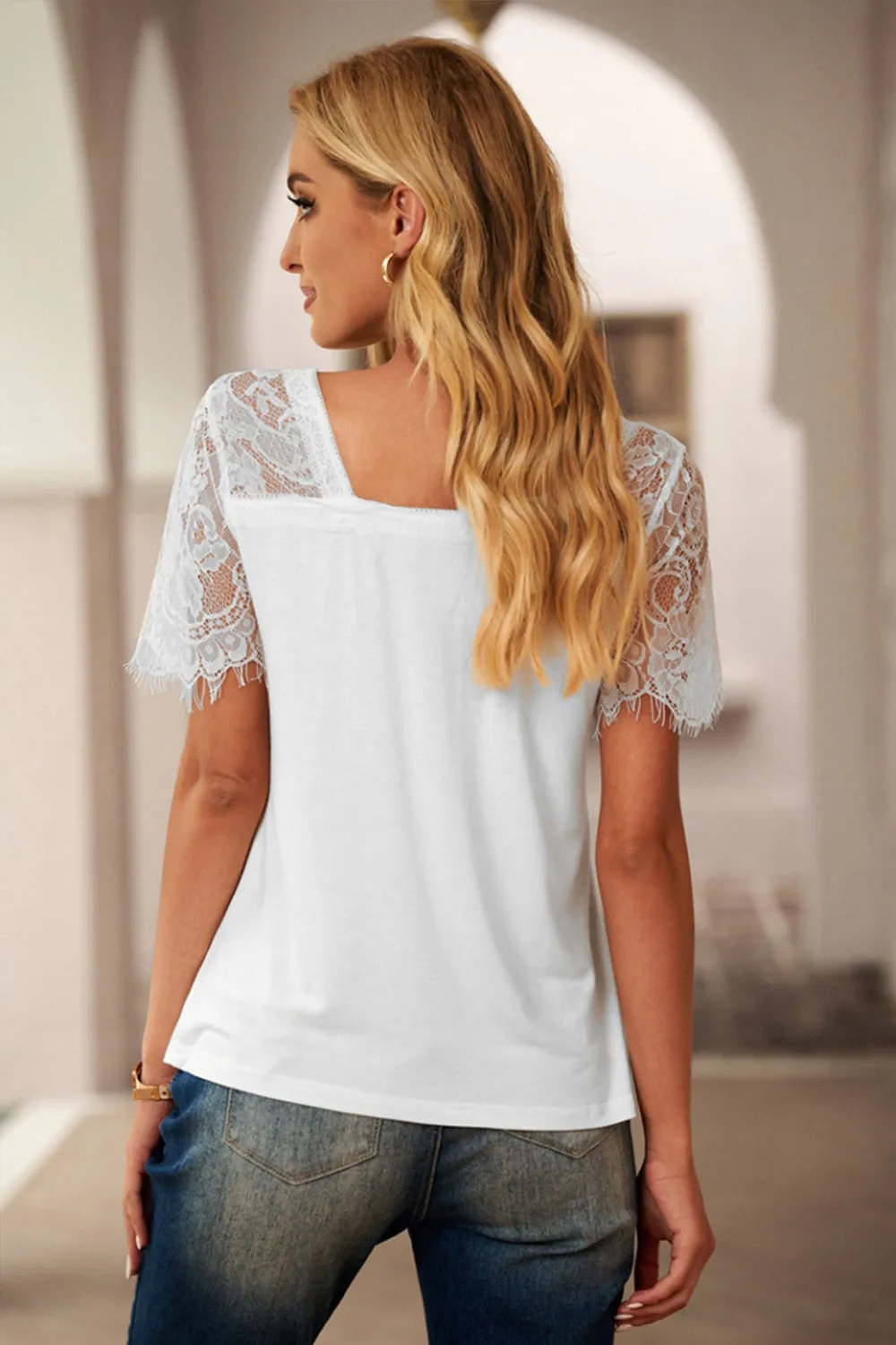 Deep V-Neck Lace Print T-Shirt