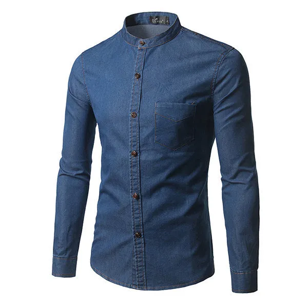 Denim Designer Shirts for Men Autumn Chest Pocket Stand Collar Slim