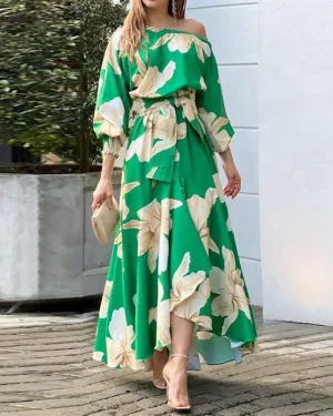 Elegant Slanted Shoulder Print Balloon Sleeve High Waist Dress