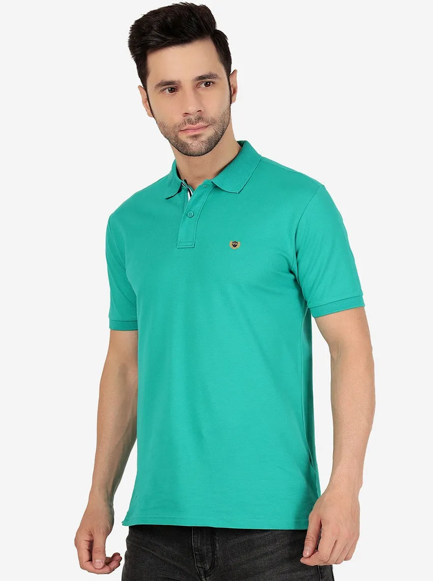 Emerald Green Solid Slim Fit Polo T-Shirt | JadeBlue