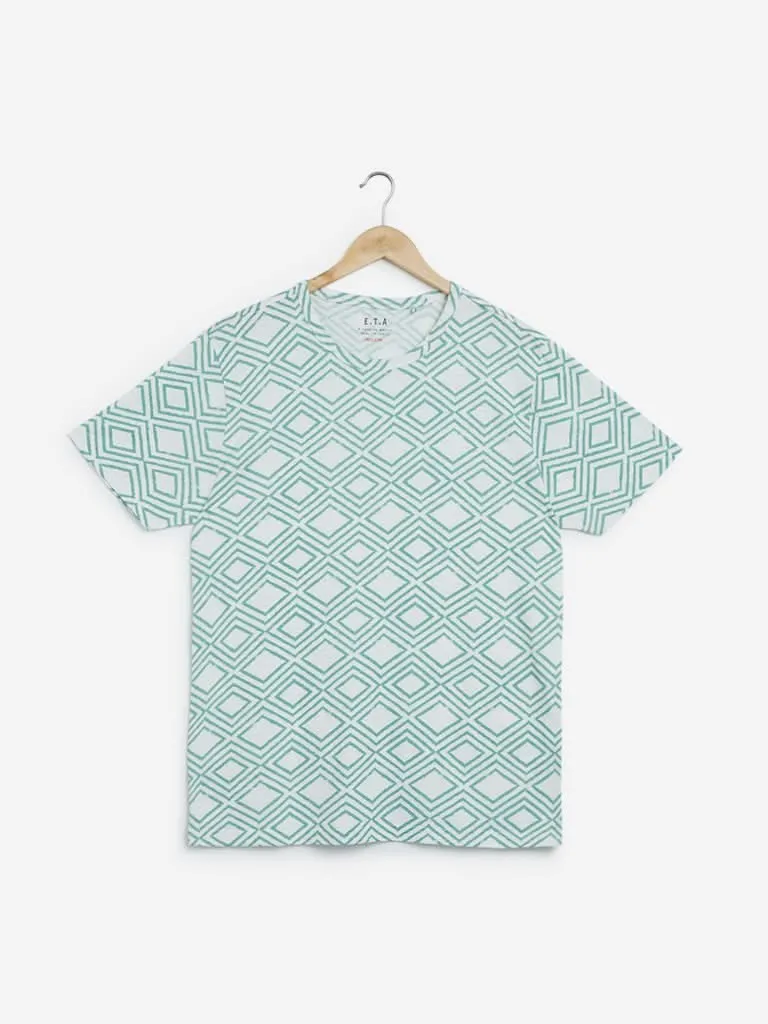 ETA Green Geometrical Pattern Slim-Fit T-Shirt