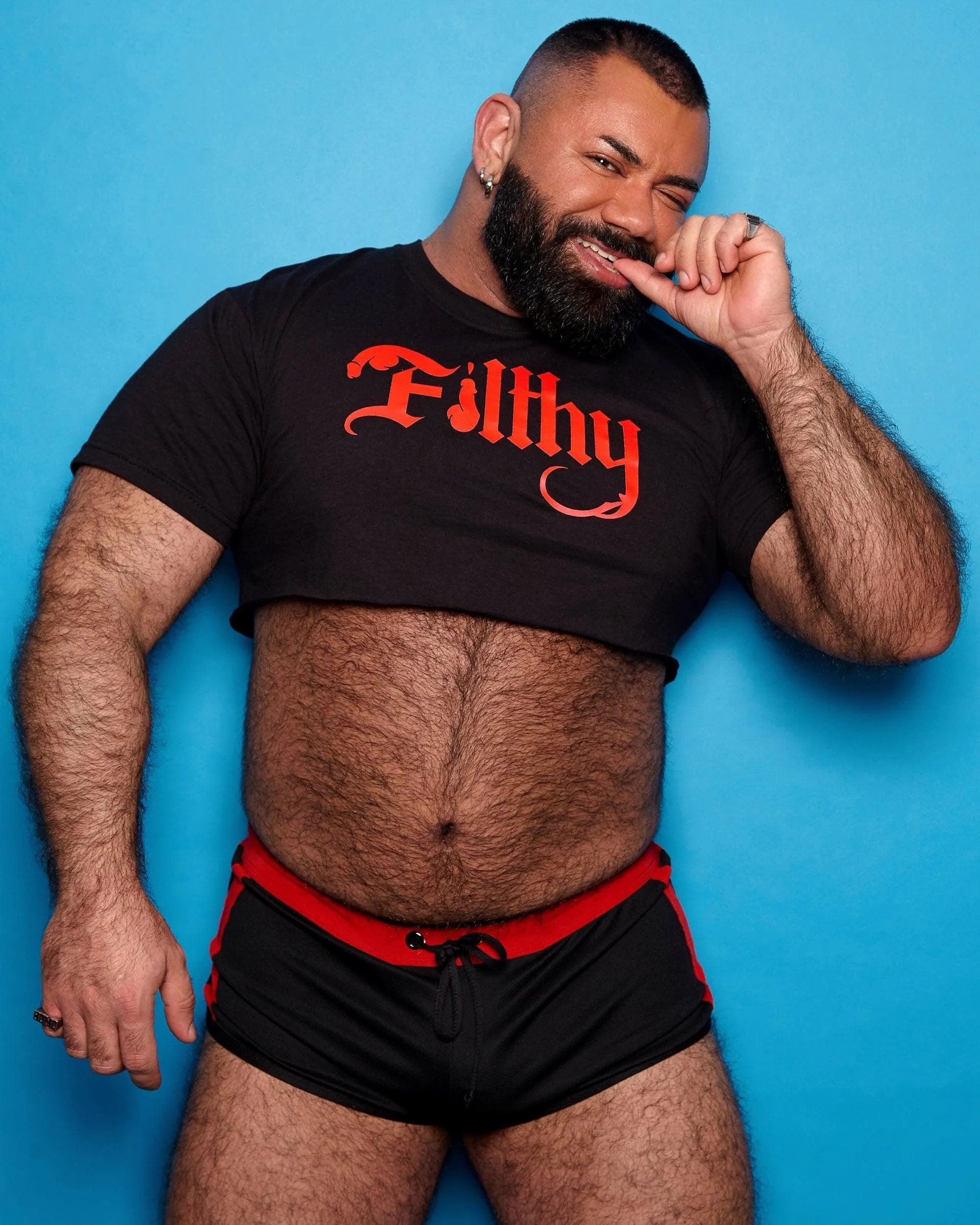 Filthy, red on black - mens crop top.