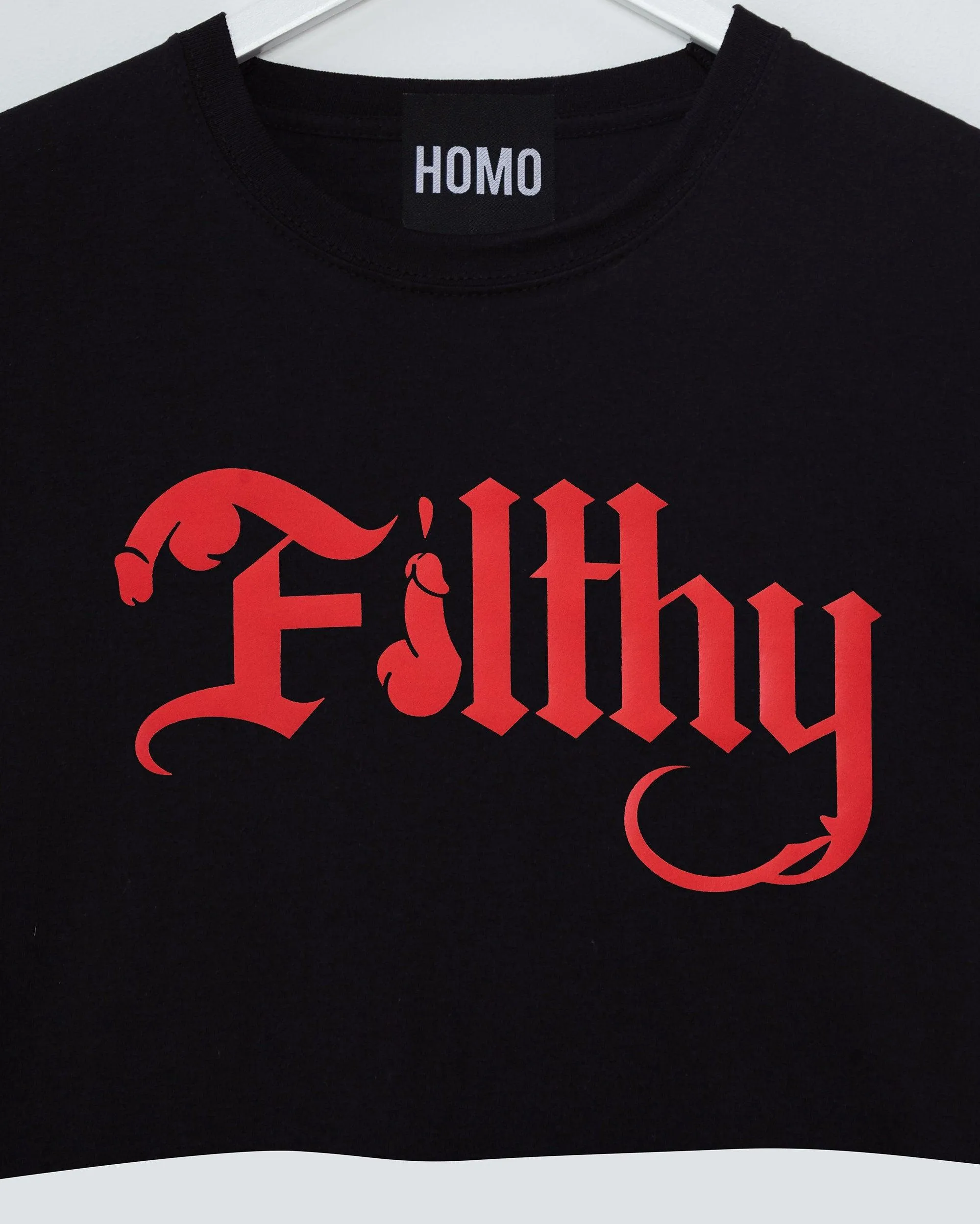 Filthy, red on black - mens crop top.