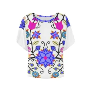 Floral Beadwork Seven Clans White Women's Batwing-Sleeved Blouse T shirt