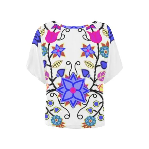 Floral Beadwork Seven Clans White Women's Batwing-Sleeved Blouse T shirt