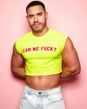 Fluorescent pink flock can we fu*k - Fluorescent yellow crop top