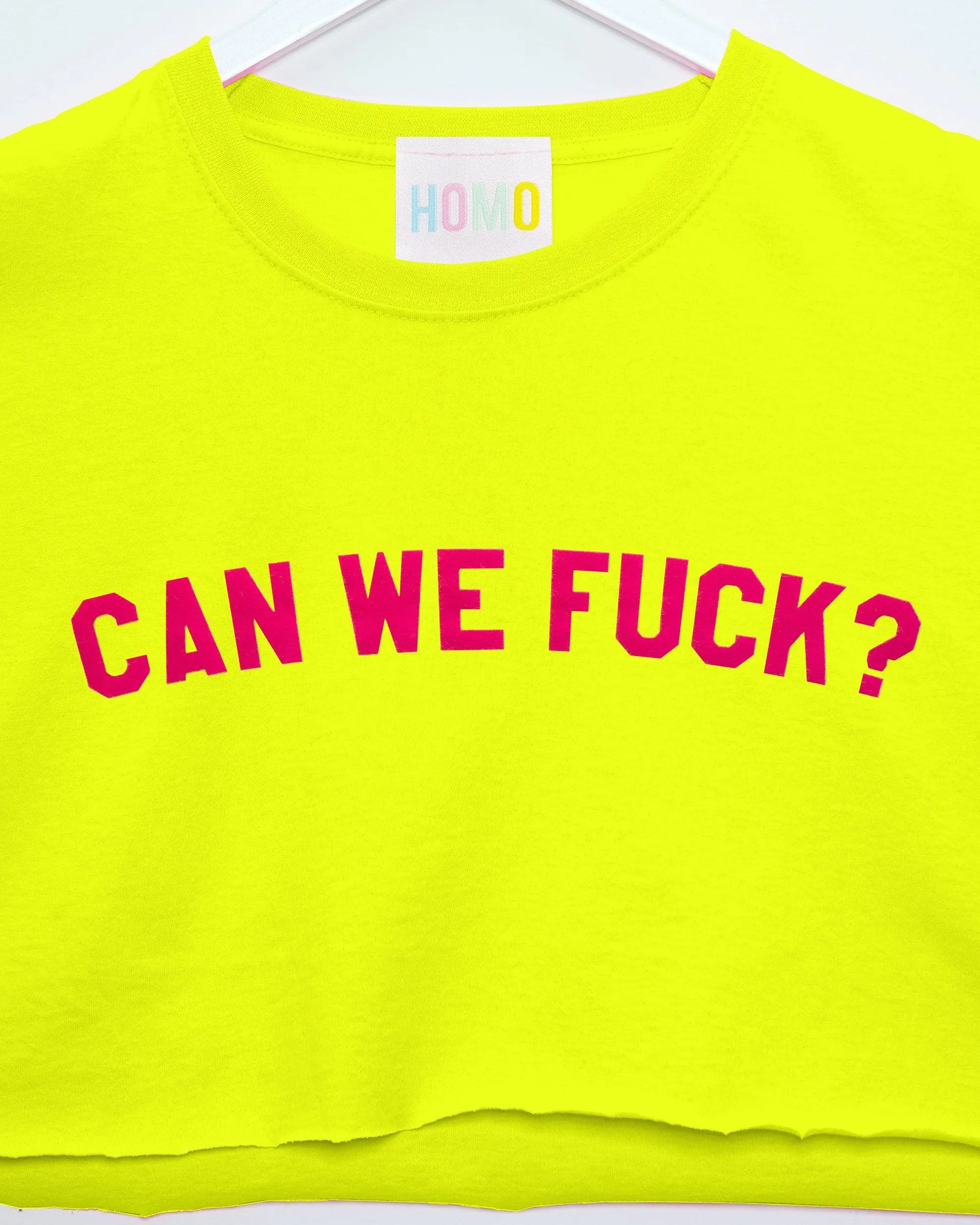 Fluorescent pink flock can we fu*k - Fluorescent yellow crop top