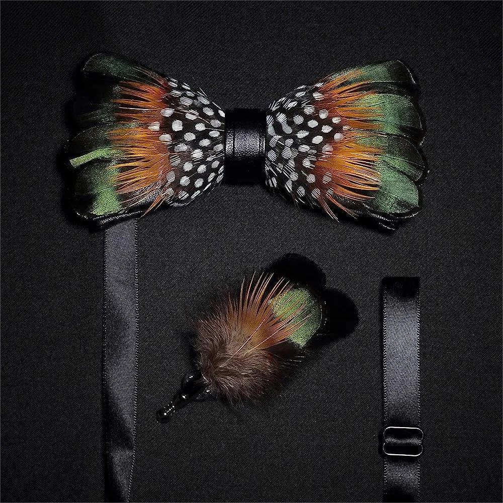 ForestGreen & Orange Vintage Feather Bow Tie with Lapel Pin