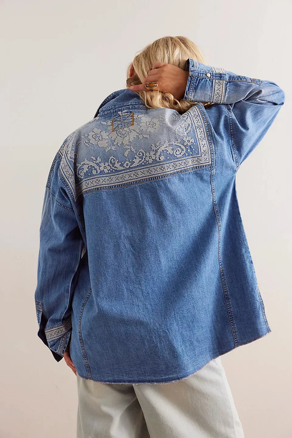 Free People We The Free Lace Embroidered Denim Shirt - MED RANCHER WASH